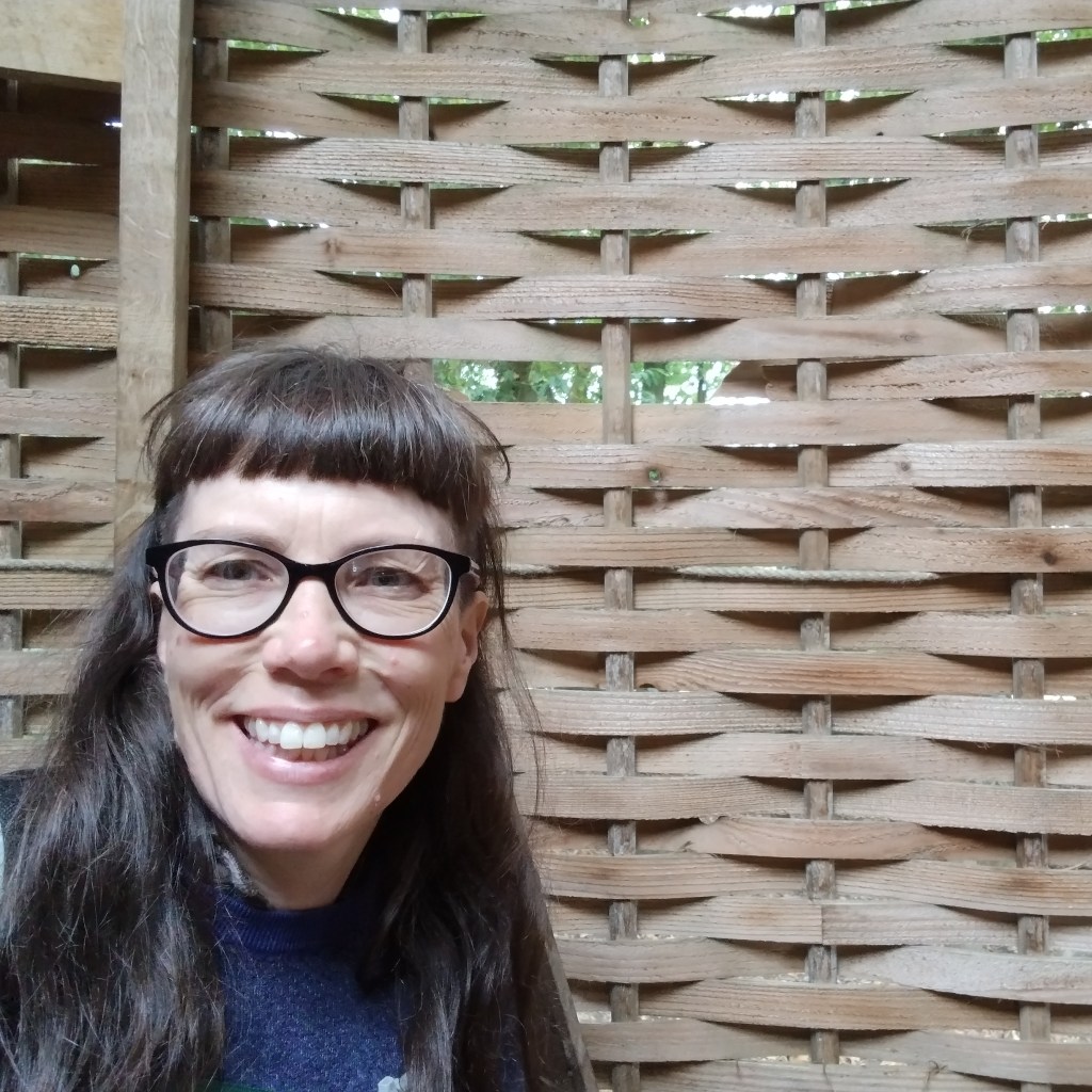 a photo of Katharine, Gentle Sorting, she/they is a middle aged white women, wearing glasses and has long dark brown hair, with a short fringe,